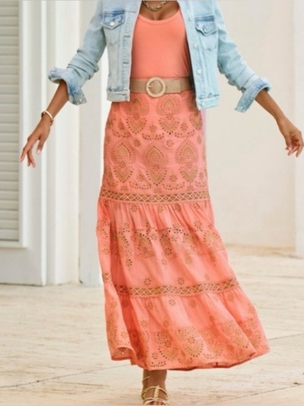 Boston Proper Coral Metallic Embroidered Eyelet Coquette Boho Resort Maxi XL